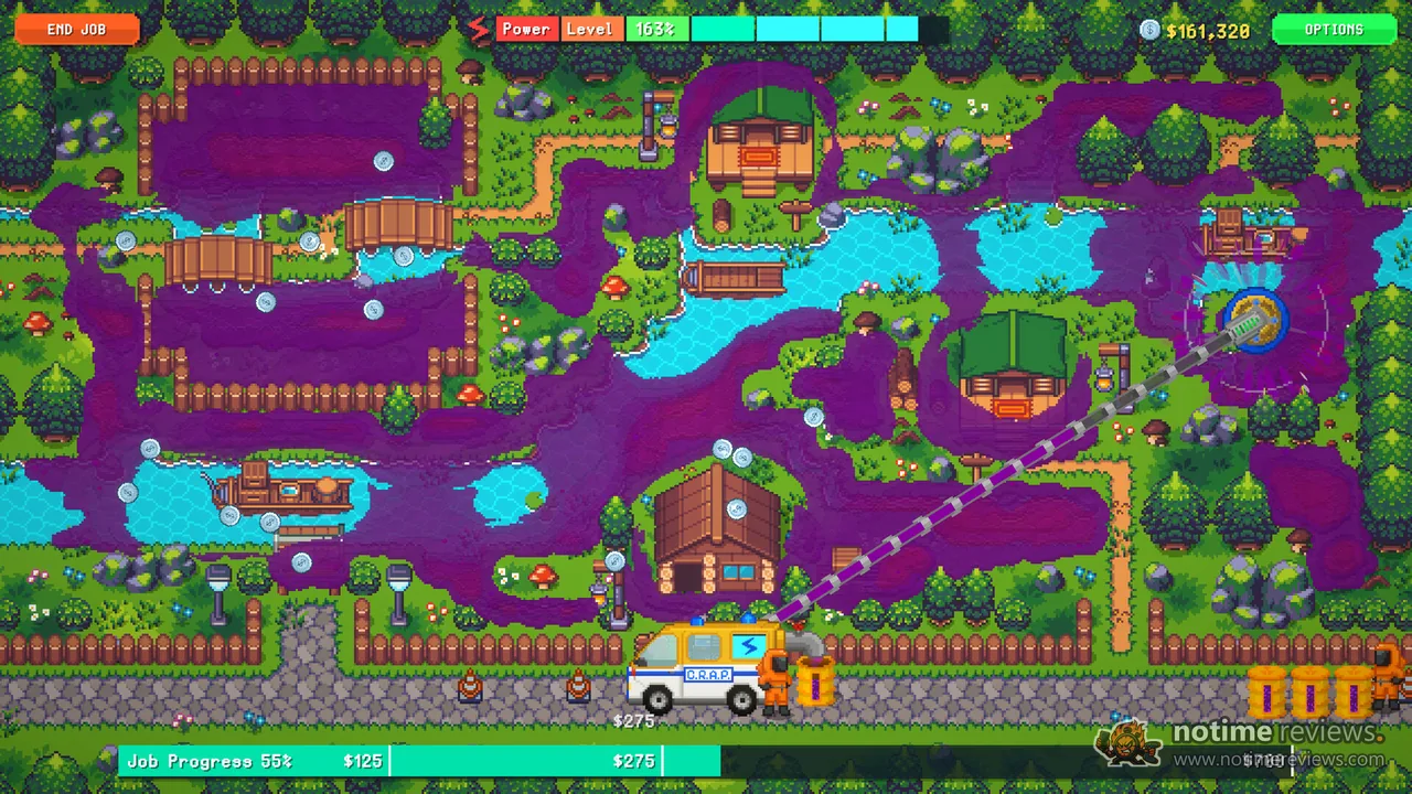 Sludgineers: A larger polluted map with bridges and ponds, the cleanup van working from the roadside