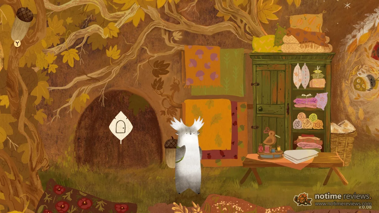 Tukoni: Forest Keepers: The forest spirit Traveller stands inside a tree house next to shelves of folded blankets and a round wooden door