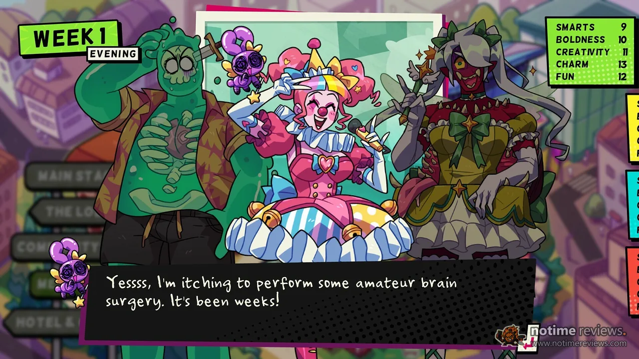 Monster Prom 4: Monster Con: A green skeleton, a clown girl and a woman with a plant headdress pose in front of the convention map, stat panel on the right