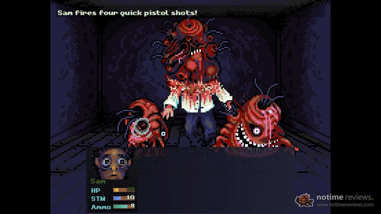 Look Outside: A turn-based battle against a mass of red fleshy creatures in a dark corridor, Sam's portrait and health bars in the corner