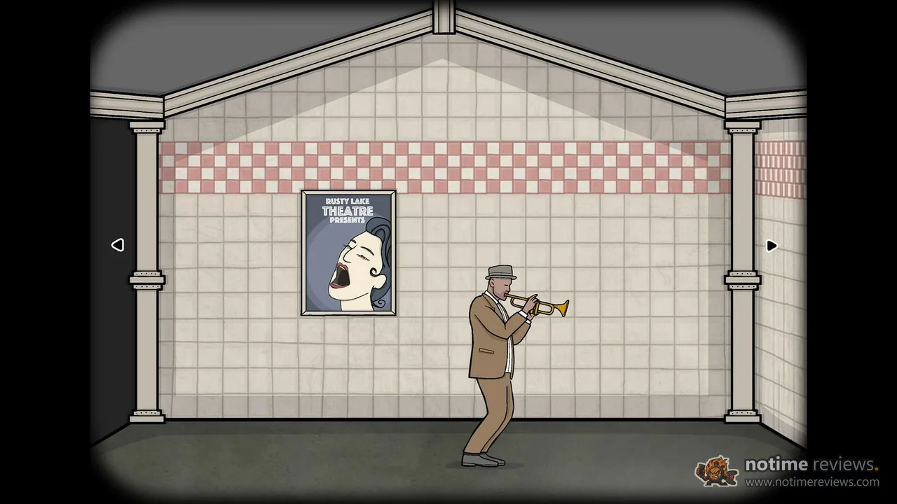 Underground Blossom: A trumpet player performs on a tiled metro platform under a Rusty Lake Theatre poster