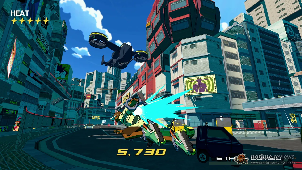 Bomb Rush Cyberfunk: A skater grinds past a truck through a bright city street, trick combo counter on screen
