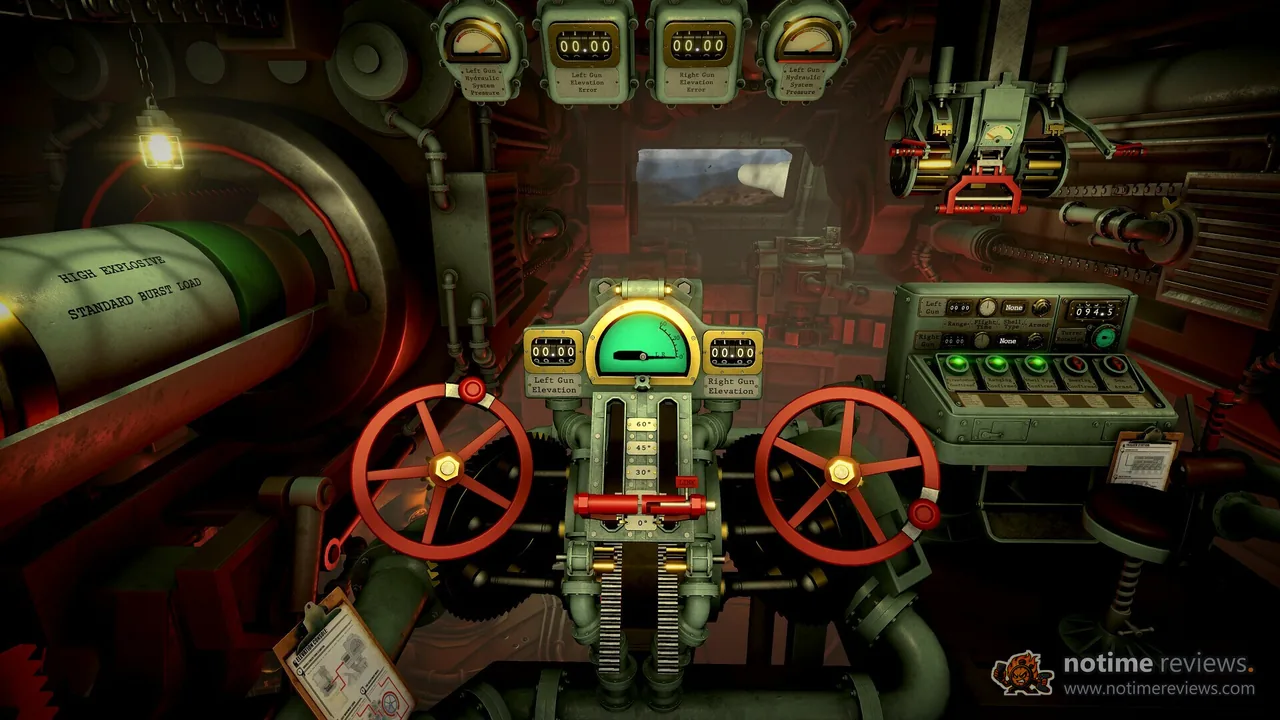IRON NEST: Heavy Turret Simulator: The turret control cabin, with two red hand wheels, a green elevation gauge and rows of dials