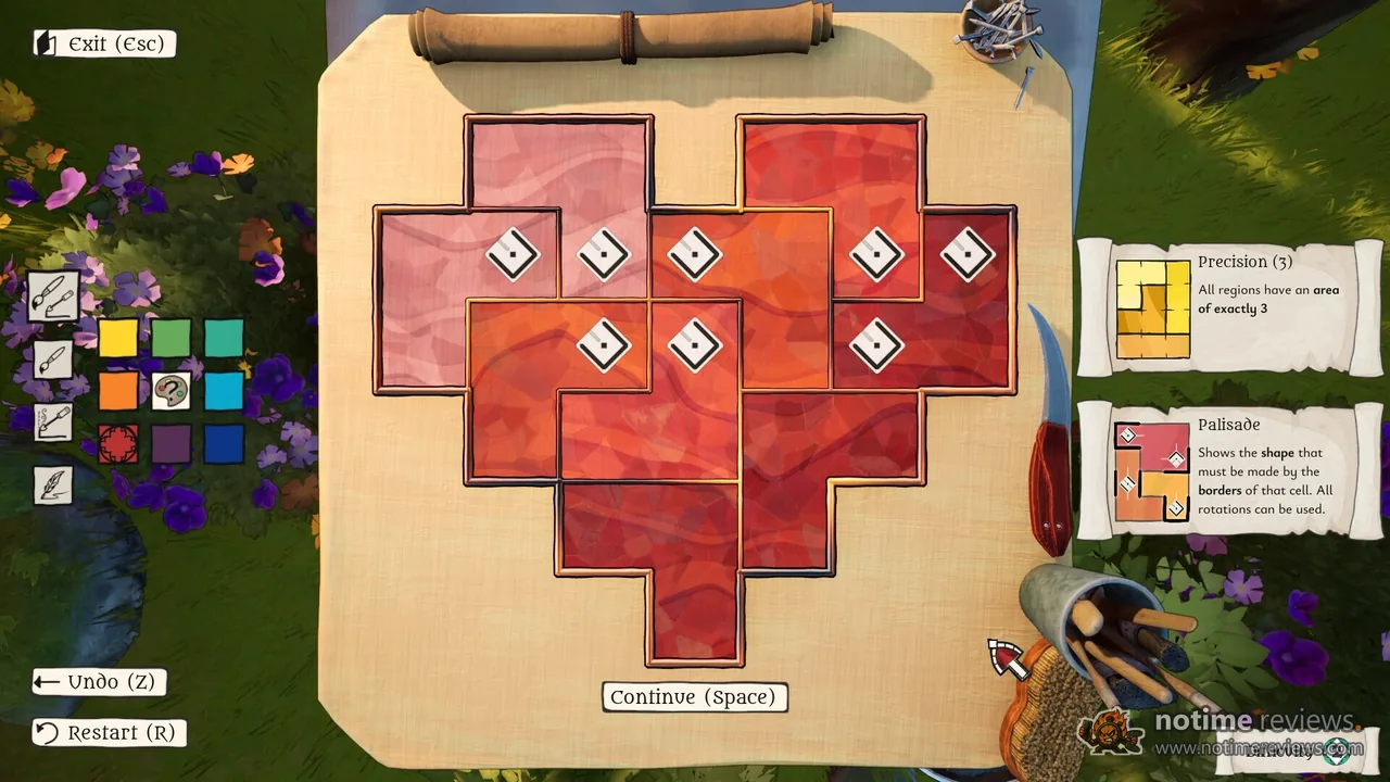 The Artisan of Glimmith: A stained glass puzzle board split into red regions, with rule cards along the right edge