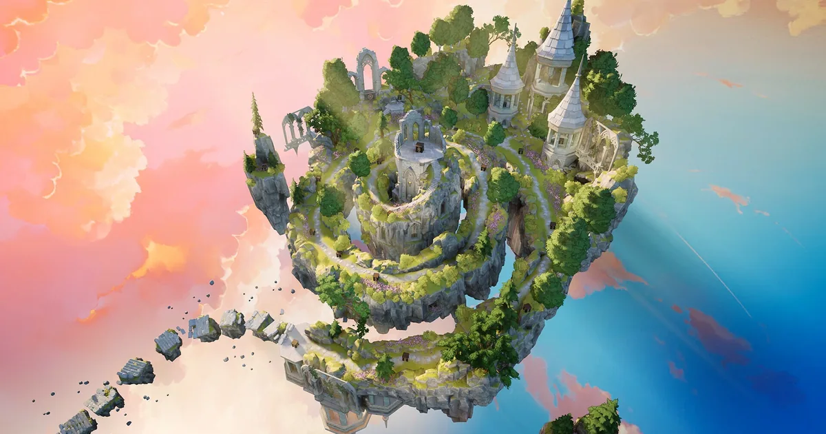 The Artisan of Glimmith: A floating island with white towers, ruins and spiral paths drifts above pink and blue clouds