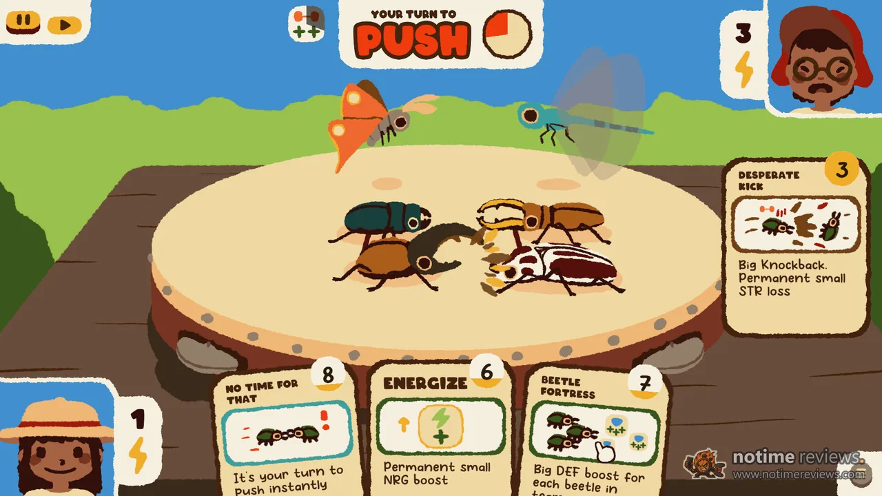 Kabuto Park: Three beetles battle on a picnic table with Push, Energize and Bottle Fortress move cards laid out below