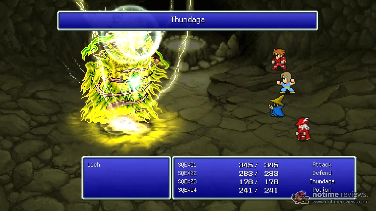 Final Fantasy Pixel Remaster: The party casts Thundaga on a Lich, a yellow lightning burst filling the battle screen
