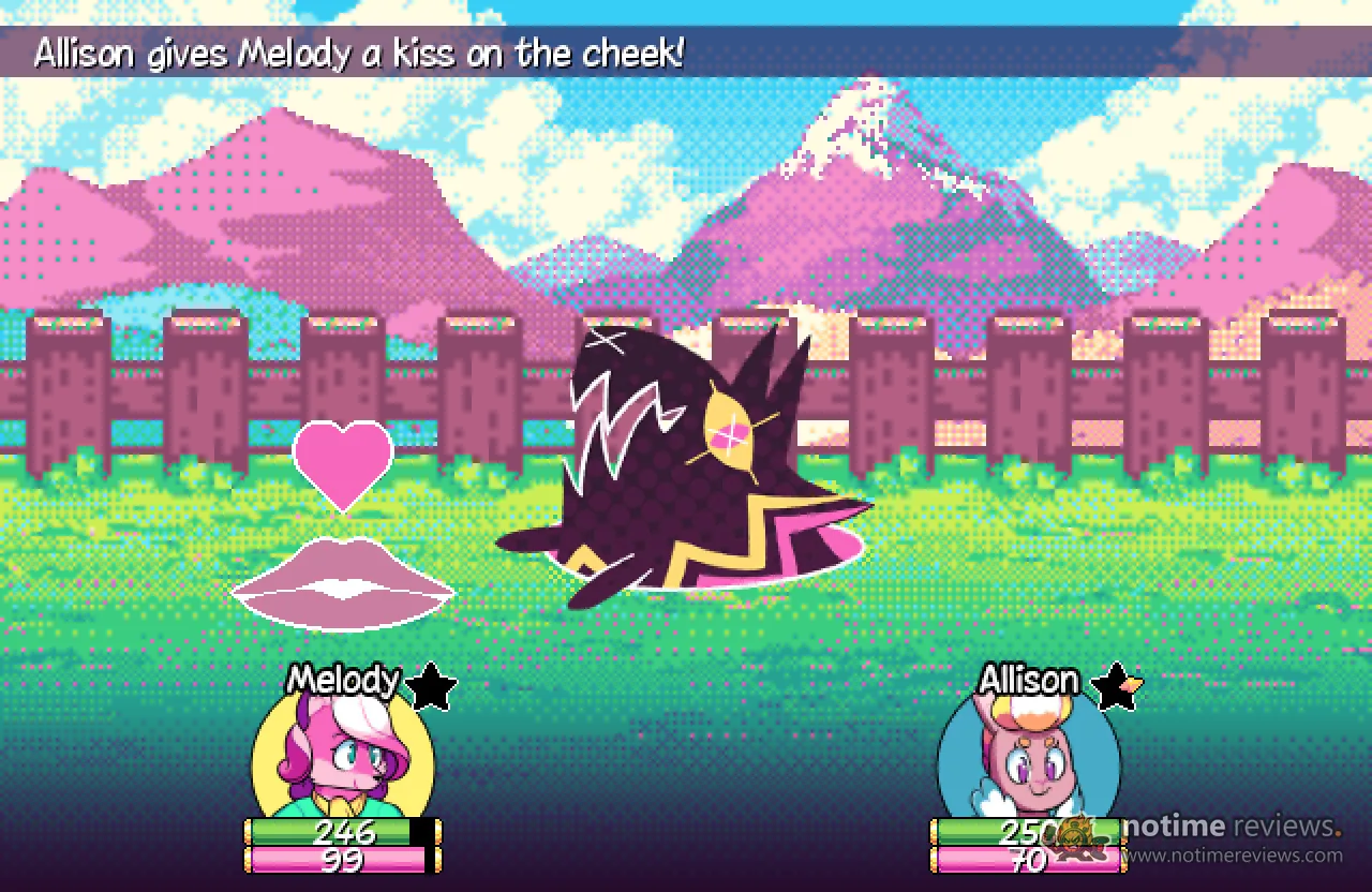 Super Lesbian Animal RPG: Melody and Allison in a pixel-art battle on a mountain path, a kiss animation playing between them