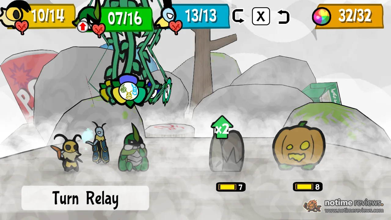 Bug Fables: A turn-based battle against a pumpkin enemy, the Turn Relay prompt and party health bars along the top