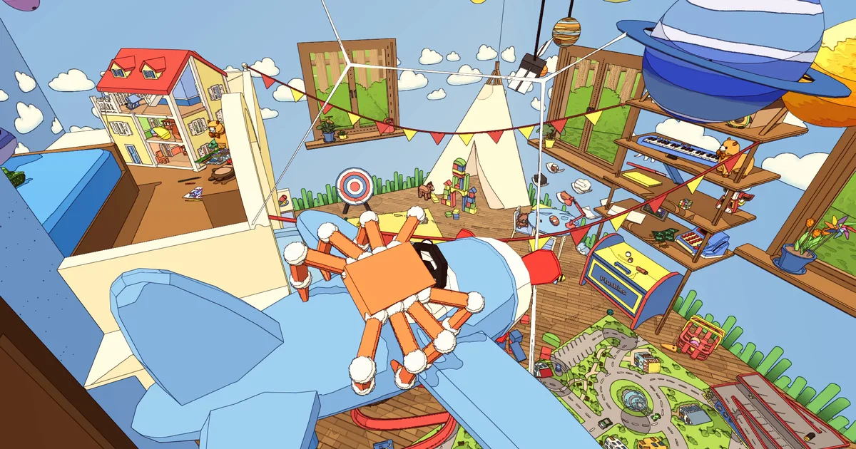 A Webbing Journey: An orange cartoon spider rides a blue toy airplane through a kids' bedroom full of toys, a dollhouse and a hanging Saturn model