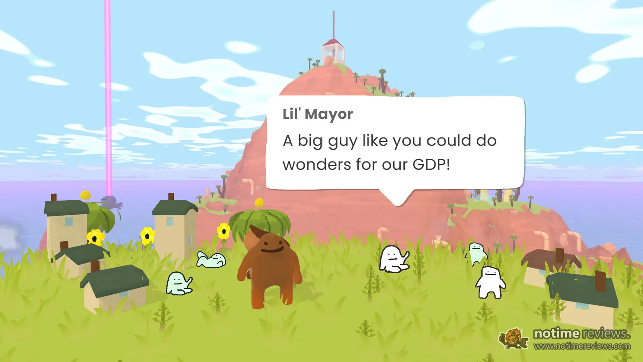 Tall Trails: The small brown golem Alp stands in a village while the Lil' Mayor tells him he could do wonders for their GDP