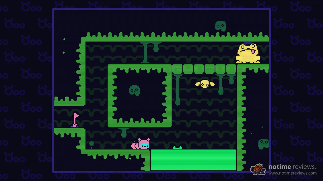 Öoo: A pink caterpillar crawls through a green maze-like level with a yellow frog sitting on a ledge above