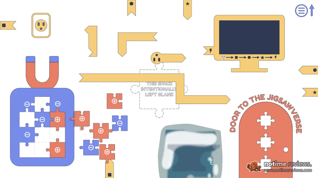 Strange Jigsaws: A hub screen of colorful jigsaw pieces, a magnet, a computer monitor and a door labelled Door to the Jigsawverse