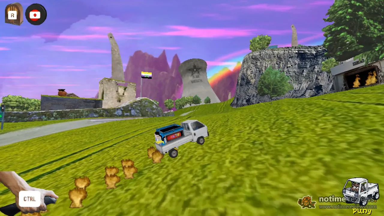 Funi Raccoon Game: A small white truck drives across a grassy hill toward strange towers and a rainbow under a purple sky