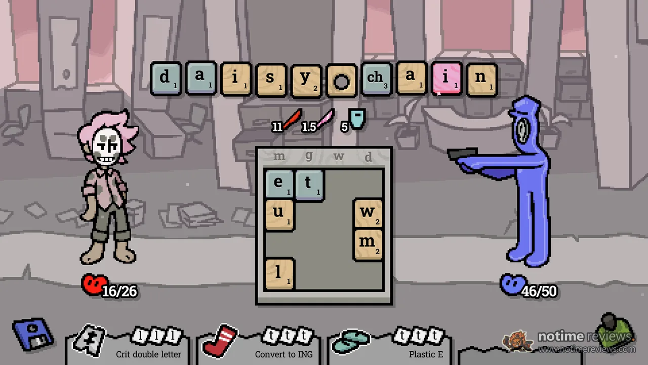 Pronoun Palace: A character spells the word daisychain with letter tiles while a tall blue enemy points a gun from the other side