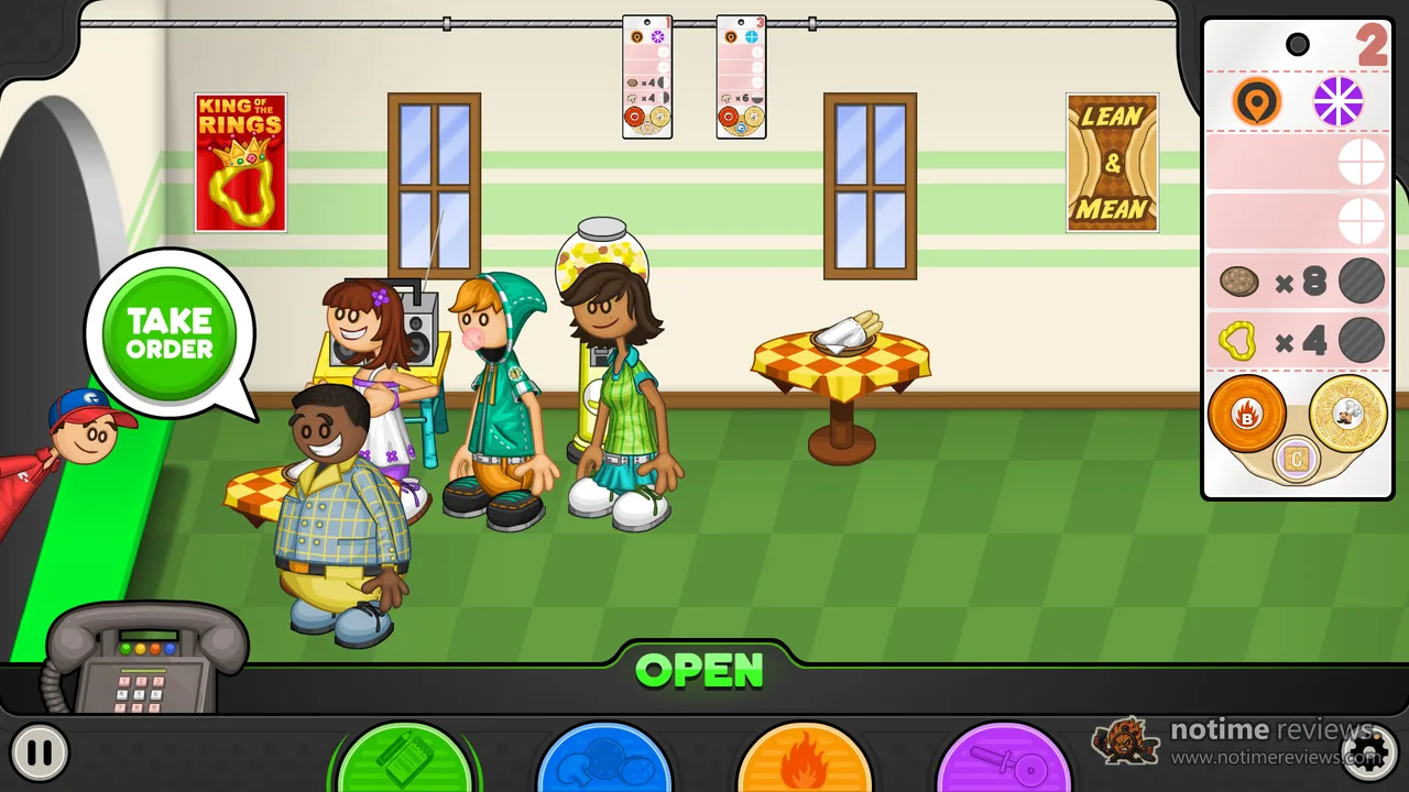 Papa's Pizzeria Deluxe: Customers wait in line at the pizzeria counter next to a green Take Order button