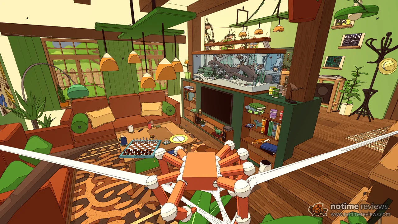 A Webbing Journey: An orange cartoon spider hangs on a web strung across a big living room with an aquarium, a sofa and a chess board