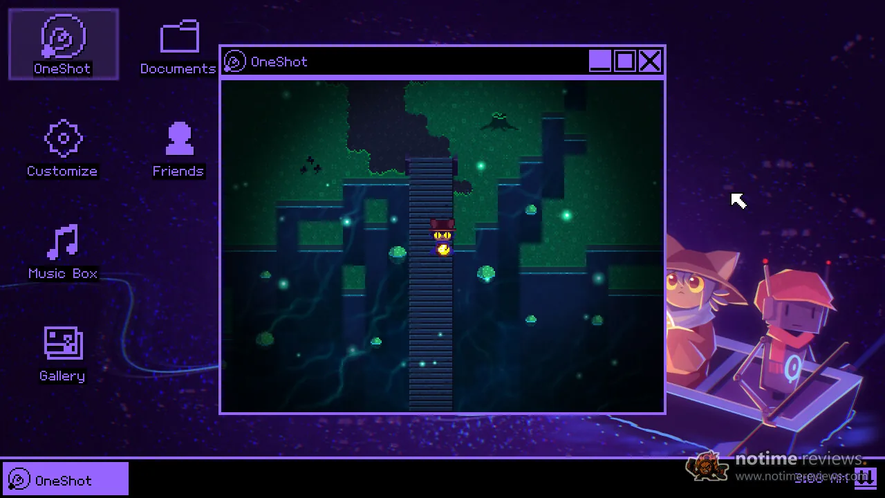OneShot: World Machine Edition: A purple computer desktop with the game running in a window, showing Niko on a green forest path