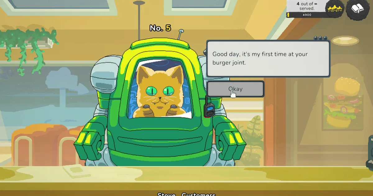 Galaxy Burger: An orange cat in a green mech suit stands at the counter of a burger joint and says it is its first time there