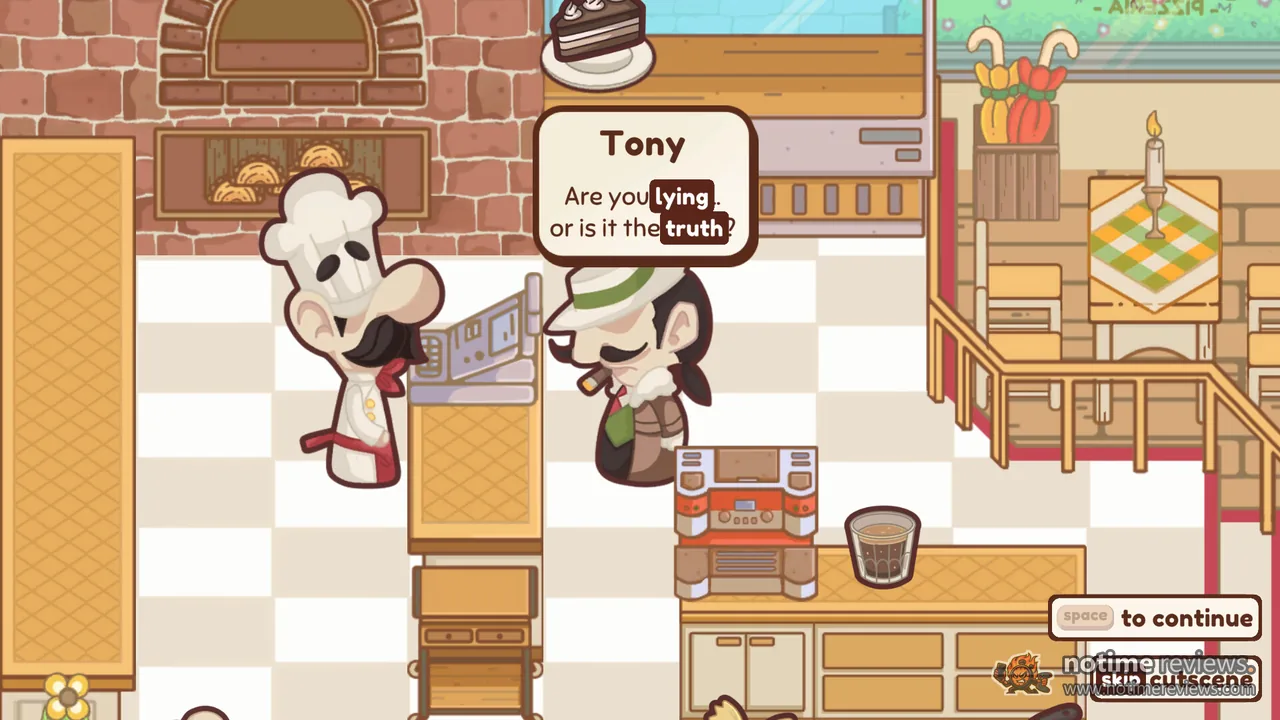 The Chef's Shift: A chef with a big mustache faces a customer named Tony, with the words lying and truth highlighted as typing choices