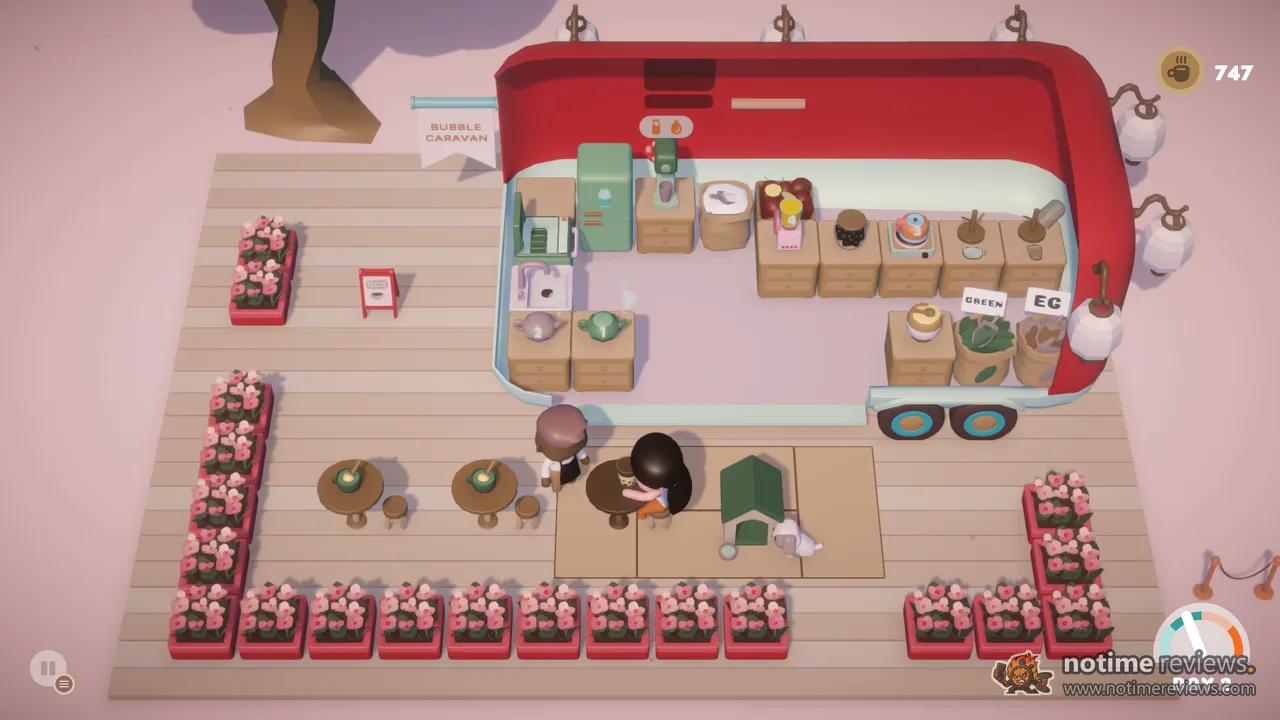 Coffee Caravan: A red coffee trailer surrounded by flower boxes and small tables, with a barista behind the counter and customers waiting