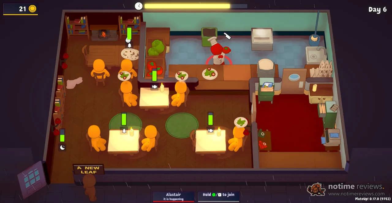 PlateUp!: A top-down restaurant with red booths and green rugs, chefs at the stoves and orange customers waiting at tables