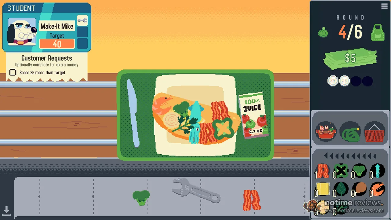 Omelet You Cook: An omelet with shrimp, bacon and peppers on a green tray, next to a juice box and a conveyor belt of ingredients