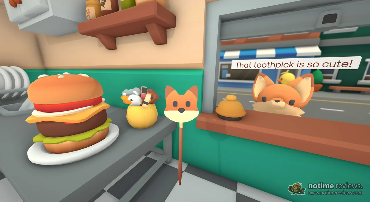 Burgie's Cozy Kitchen: A tall burger on a plate next to a fox customer peeking over the counter saying that toothpick is so cute