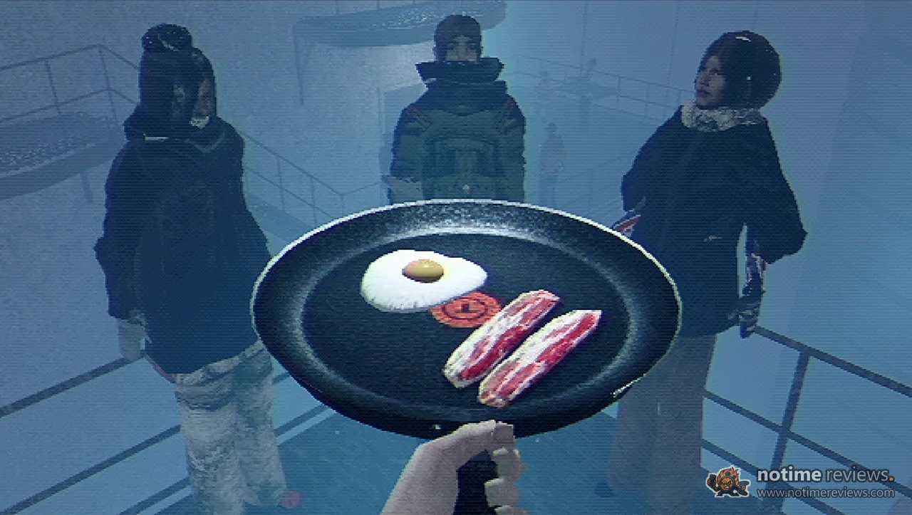 Arctic Eggs: A first-person frying pan holding a fried egg and two strips of bacon, with three people in heavy coats waiting in a cold blue fog