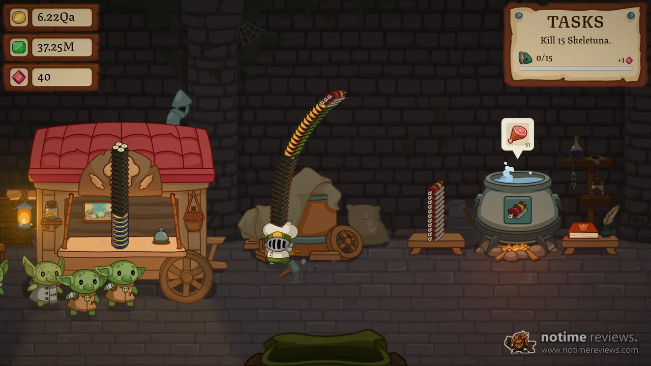 Chef Knight: A tiny knight in a chef hat stands in a stone dungeon kitchen next to a cooking pot, a red food cart and three goblin customers