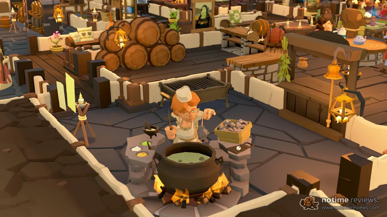 Tavern Keeper: A cook stirs a big black cauldron over a fire inside a wooden tavern, with barrels and tables behind her