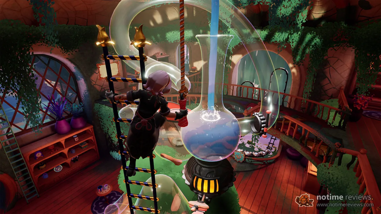 Wanderstop: Alta climbs a ladder beside a huge glass tea brewing machine inside a warm wooden tea shop