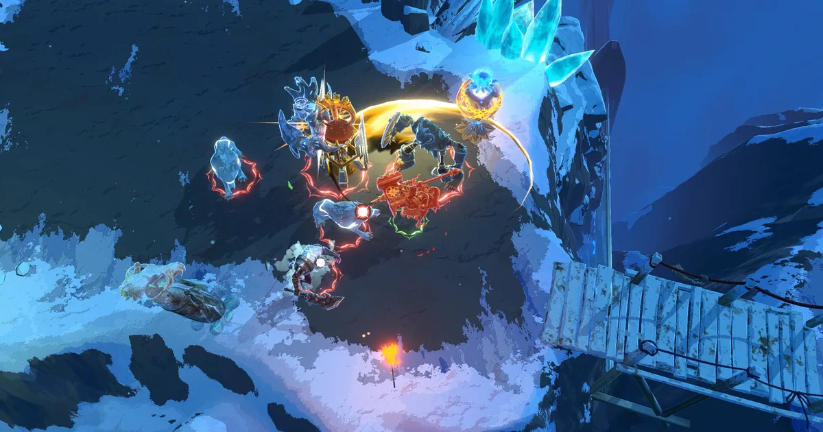 Shape of Dreams: A group of heroes fights ice creatures on a snowy cliff, with a rope bridge and blue crystals at the edge