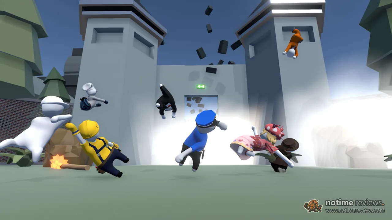 Human Fall Flat: Wobbly characters in overalls and hats run away as a prison wall bursts apart behind them