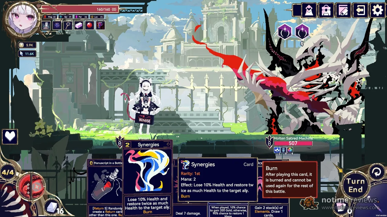Witch's Apocalyptic Journey: A small witch faces a black and red winged beast in a ruined white city, with a hand of cards at the bottom of the screen