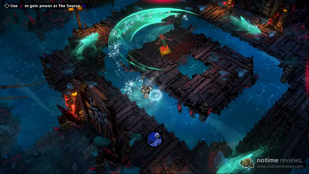 SWORN: A knight swings a glowing teal blade across a wooden dock over dark water while ghostly fish circle around