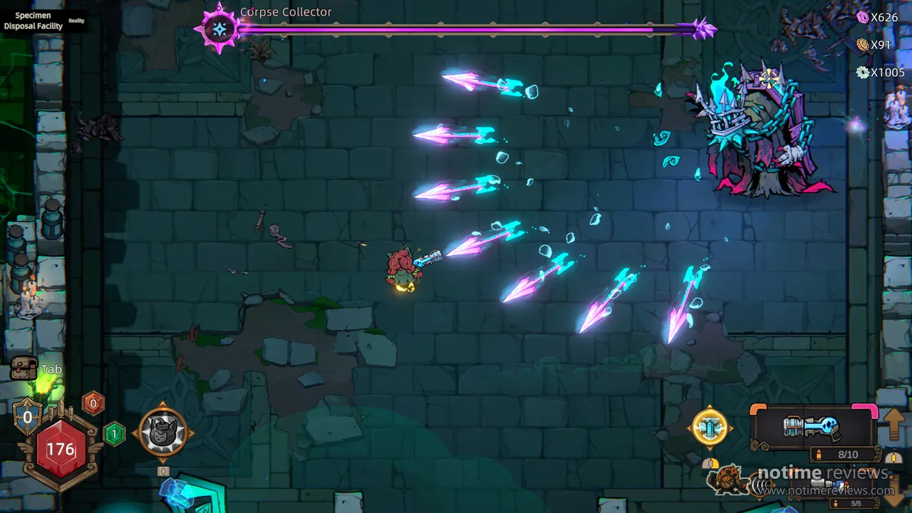 Pass the Fear: A hunter fires a spread of glowing blue arrows at a boss in a green stone dungeon room