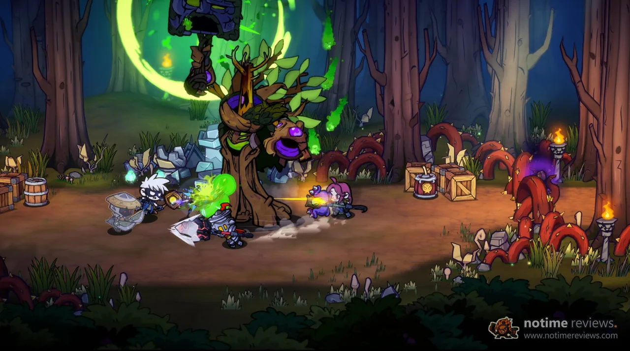 Lost Castle 2: Small armored heroes fight a giant tree monster with a green portal behind it in a dark forest