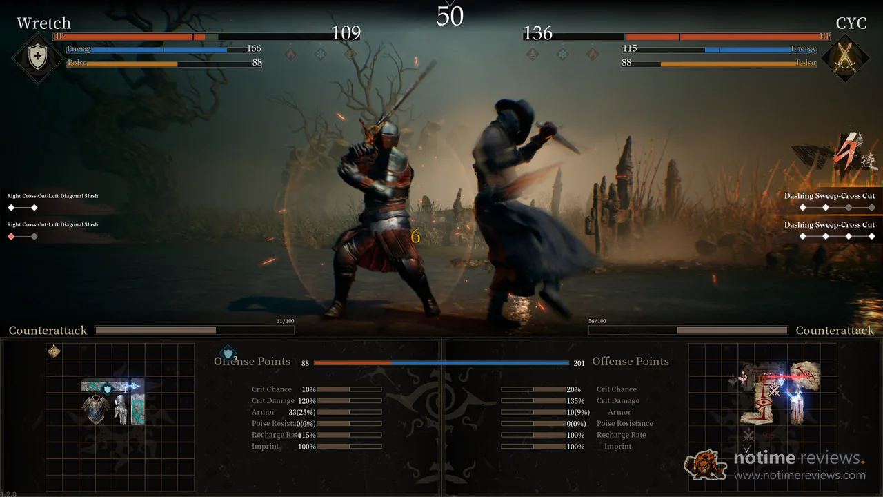 Wretch: Divine Ascent: An armored knight blocks a masked fighter's dagger on a foggy battlefield, with both players' backpack grids and combat stats below