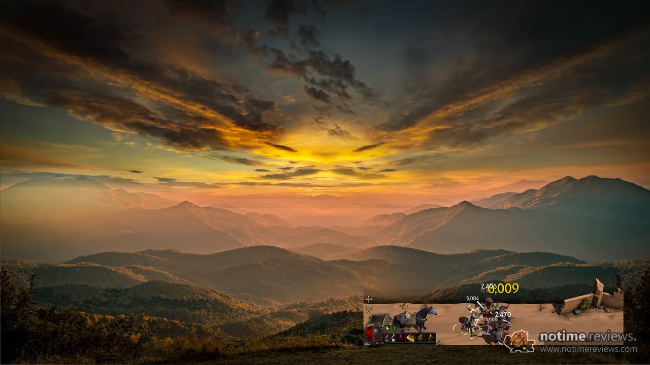 Deskrawl: Idle ARPG: a sunset desktop wallpaper with the small game window fighting in the bottom corner
