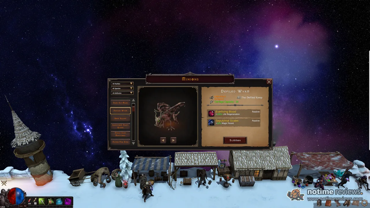 Deskrawl: Idle ARPG: the Minions window showing a captured Defiled Wyrm above a snowy town strip