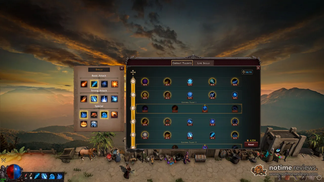 Deskrawl: Idle ARPG: the spell and combat talent windows open above a desert town