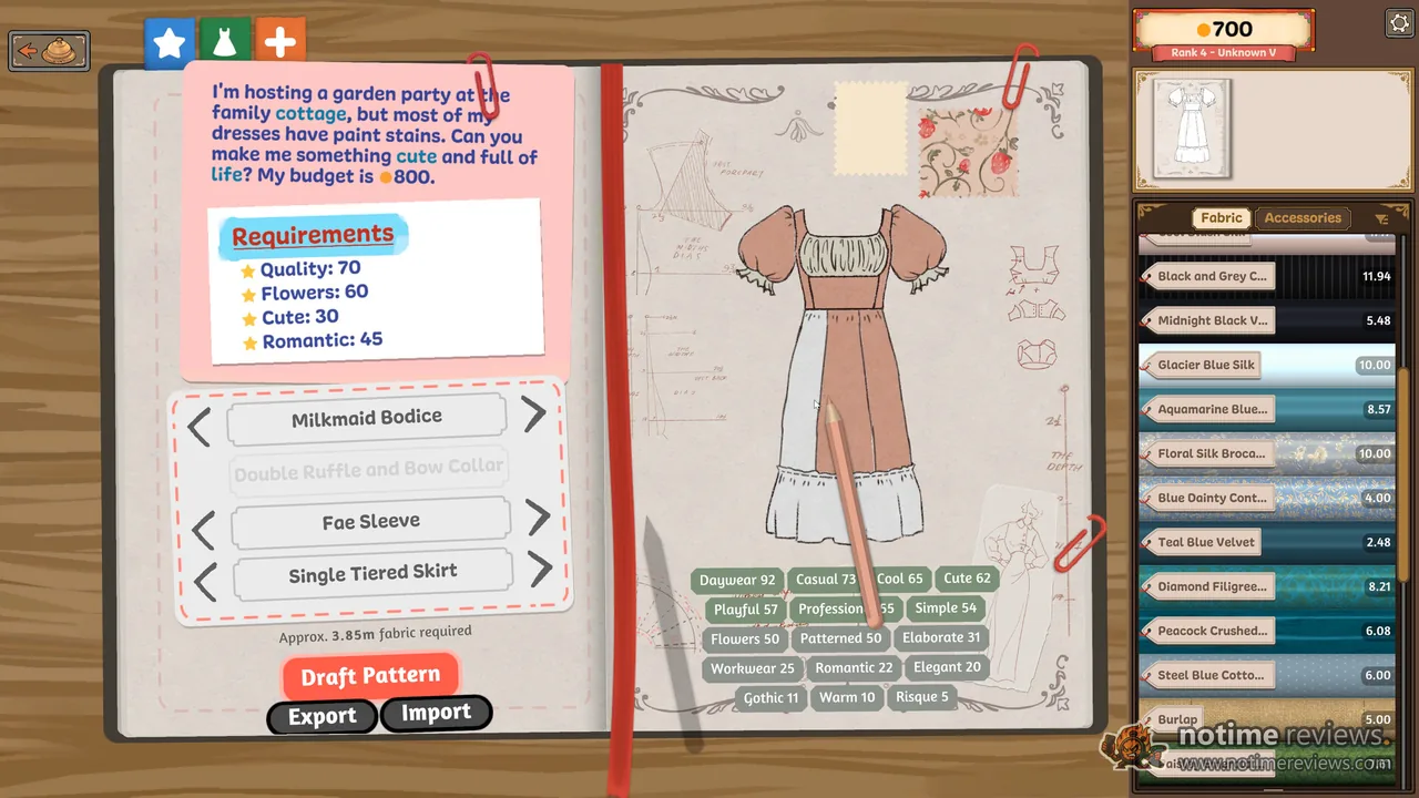 Dressmaker: a client's garden party commission in the sketchbook, with style requirements and a budget