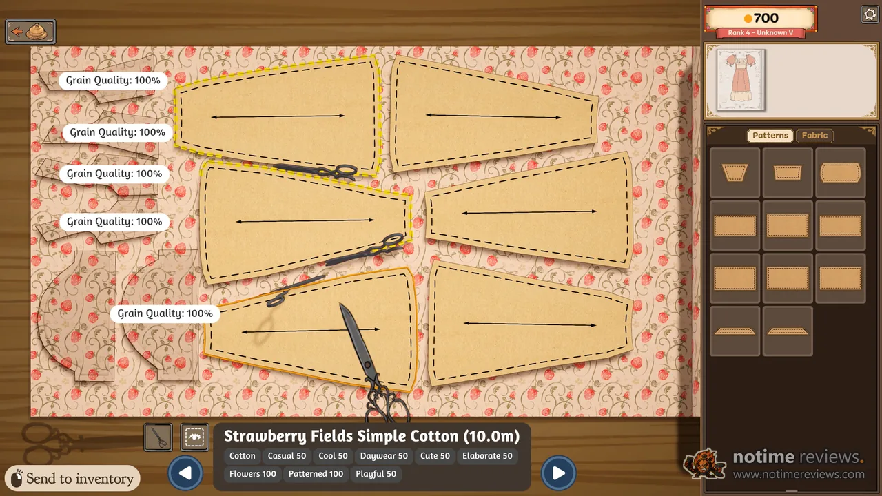 Dressmaker: pattern pieces laid out on strawberry print cotton, each showing its grain quality