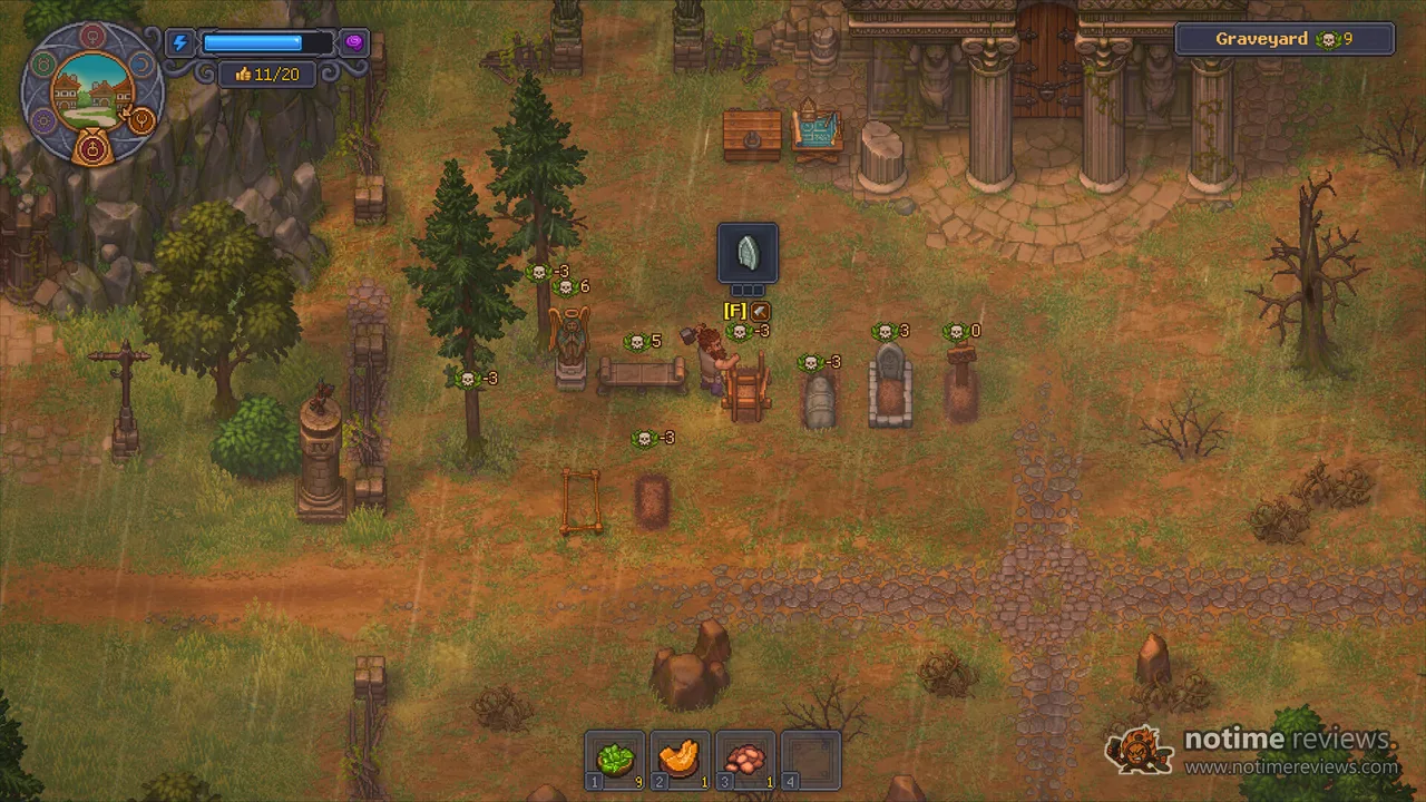 Graveyard Keeper 2: the keeper standing among graves and stone markers in the graveyard