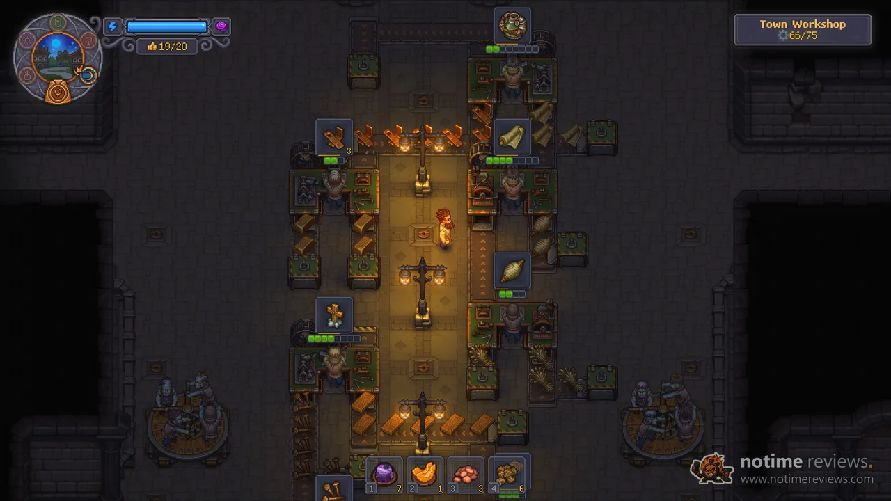 Graveyard Keeper 2: the town workshop with rows of crafting stations