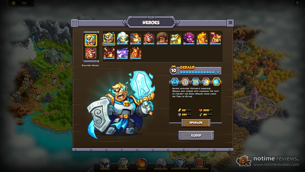 Kingdom Rush 6: Genesis TD: the hero screen with Gerald at level 10 and his upgrade tree