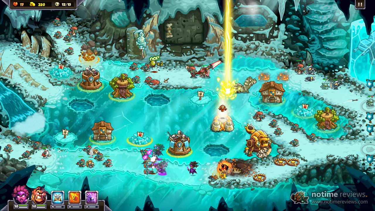 Kingdom Rush 6: Genesis TD: towers and heroes holding a frozen cave level while a beam of light hits the path