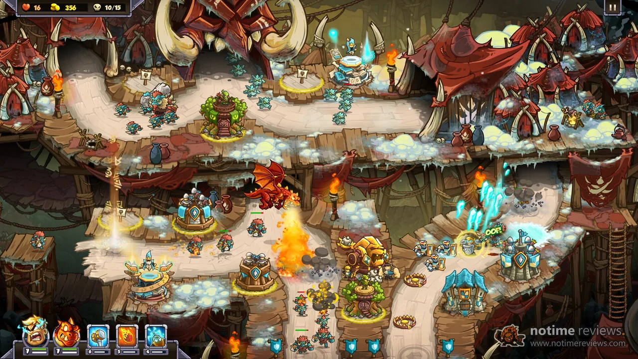 Kingdom Rush 6: Genesis TD: towers and a fire-breathing dragon fighting through an orc war camp