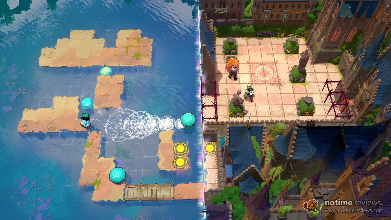 Order of the Sinking Star: a stone-skipping puzzle over water on the left and a tiled hero puzzle on the right, two worlds side by side
